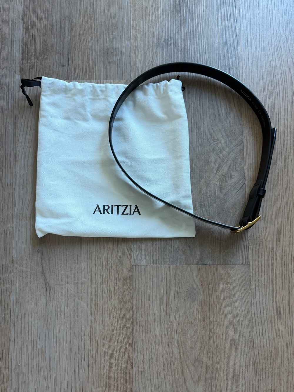 Aritzia Women's Black Leather Belt with Gold Buckle